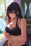  1girl :o absurdres bad_id bad_twitter_id bare_shoulders bburi black_hair breasts cleavage crop_top highres indoors large_breasts looking_at_viewer mole mole_under_eye multicolored_hair navel original red_eyes solo spaghetti_strap tank_top upper_body 