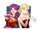  2girls :d akagi_ritsuko alcohol belt blonde_hair blush bracelet breasts brown_eyes camisole cleavage collarbone commentary cup drinking drinking_glass earrings english_commentary eyebrows_visible_through_hair fingernails green_eyes grey_background holding holding_cup hoop_earrings jewelry katsuragi_misato long_hair looking_at_viewer multiple_girls nail_polish necklace neon_genesis_evangelion ony_b open_mouth orange_camisole pendant pink_skirt purple_hair red_camisole red_nails ring short_hair simple_background skirt smile teeth two-tone_background upper_body white_background wine wine_glass 