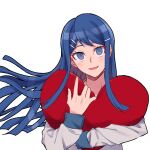  1girl :d bangs blue_eyes blue_hair danganronpa:_trigger_happy_havoc danganronpa_(series) floating_hair grey_background grey_shirt hair_ornament hairclip heart heart_pillow highres holding holding_pillow long_hair long_sleeves looking_at_viewer maizono_sayaka object_hug open_mouth pillow pillow_hug school_uniform shaguo shirt simple_background smile solo tongue tongue_out upper_body 