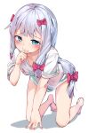  1girl all_fours barefoot blue_eyes blush bow eromanga_sensei feet full_body hair_bow hand_to_own_mouth highres izumi_sagiri long_hair low-tied_long_hair no_pants re:ankh_(mrsz4523) ribbon shirt short_sleeves silver_hair simple_background solo thighs toes white_background white_shirt 