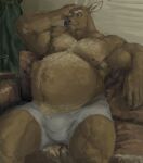 2024 ambiguous_gender ambiguous_prey anthro belly big_belly bulge clothing container cup deer furniture glass glass_container glass_cup hairy_belly hi_res imprint kent_(pacific_coyote) male male_pred mammal musclegut muscular nipples overweight pacific_coyote signature sitting sofa squirming underwear vore wide_hips