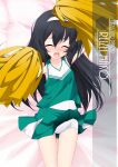  1girl artist_name bangs black_hair character_name cheerleader chestnut_mouth closed_eyes clothes_lift commentary_request copyright_name cowboy_shot facing_viewer girls_und_panzer green_skirt hairband highres holding holding_pom_poms inaba_shiki long_hair lying open_mouth pleated_skirt pom_pom_(cheerleading) reizei_mako school_uniform shirt skirt skirt_lift sleeveless sleeveless_shirt solo swimsuit swimsuit_under_clothes white_hairband white_swimsuit 