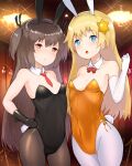  2girls :o animal_ears black_gloves black_leotard blue_eyes bow bowtie breasts brown_hair brown_legwear closed_mouth cowboy_shot detached_collar elbow_gloves fake_animal_ears fake_tail gloves hair_ornament highres leotard looking_at_viewer multiple_girls necktie orange_leotard pantyhose playboy_bunny rabbit_ears rabbit_tail red_bow red_eyes red_neckwear short_necktie small_breasts standing strapless strapless_leotard sweatdrop tail two_side_up unizou viprpg white_gloves white_legwear wing_collar 