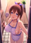  1girl :d apron bangs bare_shoulders blue_eyes blush bow breasts brown_hair cai_geng cleavage collarbone commentary_request covered_nipples cowboy_shot doorway eyebrows_visible_through_hair frilled_apron frills hair_bow hair_ribbon highres holding idolmaster idolmaster_million_live! indoors large_breasts long_hair looking_at_viewer naked_apron open_door open_mouth plant ponytail potted_plant pov reward_available ribbon satake_minako short_hair short_ponytail side_ponytail sideboob smile solo spatula standing tile_floor tiles white_apron wooden_floor 