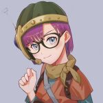  1girl blue_eyes chako_(sasasaz52) chrono_trigger closed_mouth glasses helmet looking_at_viewer lucca_ashtear purple_hair scarf short_hair simple_background smile solo 
