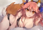  1girl animal_ear_fluff animal_ears black_bra black_panties bra breasts cleavage eyebrows_visible_through_hair fate/extra fate_(series) fox_ears fox_girl fox_tail large_breasts licking_lips lingerie looking_at_viewer panties pink_hair solo tail tamamo_(fate) tamamo_no_mae_(fate/extra) tongue tongue_out underwear yellow_eyes yok01 