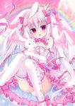 1girl angel_wings animal_ears ass bangs blush bow bowtie breasts checkered checkered_legwear choker cleavage crown elbow_gloves feet_out_of_frame folded_leg garters gloves hair_bow hair_ribbon hasune leg_ribbon long_hair mini_crown no_panties open_mouth original petticoat pink_background pink_hair pink_ribbon rabbit_ears rabbit_tail rainbow ribbon small_breasts solo stuffed_animal stuffed_bunny stuffed_toy tail thighhighs twintails white_legwear wings 