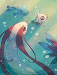  air_bubble blue_eyes bright_pupils bubble celebi commentary_request dated hands_up highres leels manaphy milotic no_humans pokemon pokemon_(creature) underwater white_pupils 