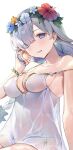  1girl anastasia_(fate) anastasia_(swimsuit_archer)_(fate) bangs bare_shoulders blue_eyes blush bow braid breasts cleavage collarbone dress dress_swimsuit fate/grand_order fate_(series) flower_wreath hair_bow hair_over_one_eye head_wreath highres long_hair looking_at_viewer medium_breasts silver_hair smile solo thighs twin_braids very_long_hair vivi_(eve_no_hakoniwa) white_dress 