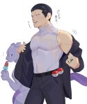  1boy bad_link bara bare_shoulders black_pants covered_navel feet_out_of_frame giovanni_(pokemon) green_(grimy) hair_slicked_back highres jacket large_pectorals looking_at_viewer male_focus mewtwo muscular muscular_male off_shoulder open_clothes open_jacket pants pectorals poke_ball pokemon pokemon_(creature) pokemon_(game) pokemon_frlg shirt short_hair sideburns sleeveless sleeveless_shirt solo_focus translation_request undressing white_shirt 