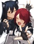  2girls :d absurdres animal_ear_fluff animal_ears arknights bangs belt black_capelet black_gloves black_hair blush capelet closed_eyes closed_mouth commentary_request exusiai_(arknights) fingerless_gloves gloves hair_between_eyes hair_over_one_eye halo hati105 highres holding jacket long_hair long_sleeves multiple_girls one_eye_closed open_mouth outstretched_arm red_hair short_hair simple_background smile spread_fingers texas_(arknights) upper_body white_background white_jacket wolf_ears 