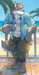 4_toes 5_fingers anthro beach blue_clothing blue_jacket blue_topwear bottomwear canid canine canis clothing feet fingers fur furgonomics grey_body grey_bottomwear grey_clothing grey_fur grey_pants grey_shirt grey_topwear jacket kuulongarl male mammal pants red_eyes shirt sky solo solo_focus toes topwear white_body white_fur wolf