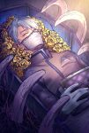  1boy absurdres aesop_carl barbed_wire bone closed_eyes coffin flower gloves highres identity_v jacket kmiyako lying male_focus mask on_back pocket_square ribs silver_hair sleeping solo white_gloves 