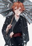  1boy ace_trappola bangs black_kimono commentary eyeliner facial_mark falling_snow highres holding holding_umbrella japanese_clothes kimono makeup male_focus open_mouth orange_hair outdoors red_eyes short_hair snow solo symbol-only_commentary twisted_wonderland umbrella yuzunonicomi 