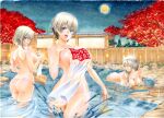  3girls alcohol architecture ass autumn_leaves bangs bare_back basin bathing bent_over blue_eyes bottle breasts choko_(cup) closed_eyes commentary covering cup east_asian_architecture eyelashes fang full_moon hair_between_eyes hair_over_one_eye highres holding holding_towel large_breasts light_blush long_bangs long_hair looking_at_another looking_at_viewer looking_back maple_tree marker_(medium) moon mother_and_daughter multiple_girls night night_sky nude_cover onsen open_mouth outdoors partially_submerged pine_tree relaxed ripples rodrigo_yoshimiya sake sake_bottle see-through short_hair short_hair_with_long_locks siblings sidelocks silver_hair sisters sky smile splashing star_(sky) starry_sky stone_floor sugoi_dekai tile_roof towel towel_on_head traditional_media tray tree trim_marks uzaki-chan_wa_asobitai! uzaki_hana uzaki_tsuki uzaki_yanagi wading water_drop wet wooden_wall 