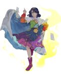  1girl absurdres bangs blue_eyes blue_hair bow cape card cloak dress from_below full_body hairband highres idkrn looking_at_viewer looking_down multicolored_clothes multicolored_dress multicolored_hairband patchwork_clothes pointing pointing_down pointing_up purple_footwear rainbow_gradient red_button short_hair sky_print solo tenkyuu_chimata touhou two-sided_cape two-sided_fabric white_cape white_cloak 