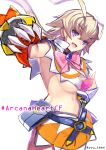  1girl :d amanohara_minori antenna_hair arcana_heart arcana_heart_3 belt blonde_hair blue_belt bow breasts brooch capelet copyright_name cowboy_shot fang gauntlets jewelry long_hair looking_at_viewer medium_breasts navel open_mouth orange_skirt pink_bow purple_eyes razu_(rus) revealing_clothes simple_background skirt smile solo standing twitter_username underboob white_background white_capelet 