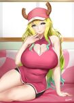  1girl baseball_cap blue_eyes breasts cleavage cleavage_cutout clothing_cutout dragon_girl dragon_horns dress easonx gradient_hair green_eyes hat heart_cutout heterochromia highres horns horns_through_headwear huge_breasts kobayashi-san_chi_no_maidragon long_hair lucoa_(maidragon) multicolored_hair pink_headwear red_dress short_dress sleeveless sleeveless_dress solo yellow_pupils 