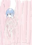  1girl absurdres bangs bloom_into_me15 blue_eyes blue_hair blunt_bangs curtains expressionless eyebrows_visible_through_hair hiding highres kageki_shoujo!! looking_away narata_ai partially_colored peeking_out pink_curtains short_hair sidelocks sketch solo 