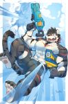 4_toes 5_fingers anthro black_body black_fur black_hair eyebrows facial_hair fangs feet felid fingers fur hair kuulongarl male mammal multicolored_body multicolored_fur muscular muscular_anthro muscular_male pantherine pawpads red_eyes sky solo solo_focus teeth tiger toes toy toy_gun water_gun white_body white_fur
