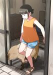  1girl black_hair capybara door folded_ponytail kirinama01 original shirt short_shorts shorts sleeveless sleeveless_shirt standing sweatdrop 