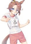  1girl animal_ears bangs blue_eyes blush brown_hair commentary_request eyebrows_visible_through_hair gym_shirt gym_shorts gym_uniform hair_between_eyes horse_ears horse_girl horse_tail looking_at_viewer miri_(ago550421) narita_taishin_(umamusume) open_mouth parted_bangs puffy_short_sleeves puffy_sleeves red_shorts shirt short_shorts short_sleeves shorts signature simple_background solo tail translated umamusume white_background white_shirt 