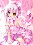  1girl animal_ear_fluff animal_ears animal_hands bangs blush bow breasts cat_ears cat_tail cleavage curtains dress eyebrows_visible_through_hair fang frilled_dress frills gloves hair_bow hasune indoors large_breasts long_hair open_mouth original paw_gloves pink_dress ribbon skin_fang solo strapless strapless_dress tail tail_ornament tail_ribbon thighhighs two_side_up white_hair white_legwear window yellow_eyes 