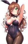  1girl ;3 animal_ears arm_behind_head arm_up armpits bang_dream! bangs bare_shoulders black_bow black_bowtie blush bow bowtie breasts brown_hair brown_legwear cleavage closed_mouth commentary covered_navel cowboy_shot detached_collar eyebrows_visible_through_hair fake_animal_ears green_eyes groin hand_up imai_lisa lambda_(kusowarota) large_breasts leotard long_hair looking_at_viewer one_eye_closed pantyhose playboy_bunny ponytail purple_leotard rabbit_ears sidelocks simple_background smile solo standing strapless strapless_leotard v wavy_mouth white_background wrist_cuffs 