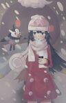  1girl beanie black_hair breath coat dawn_(pokemon) drifloon fukui hat highres holding long_hair long_sleeves open_mouth pink_coat pokemon pokemon_(creature) pokemon_dppt pokemon_platinum scarf snow starly white_bag white_hat white_scarf winter winter_clothes 