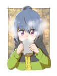  1girl absurdres bangs blue_hair commentary_request cropped_torso cup eyebrows_visible_through_hair eyes_visible_through_hair framed hair_between_eyes hair_bun highres holding holding_cup jacket kona_kuzu mug multicolored_clothes multicolored_jacket purple_eyes shadow shima_rin signature solo two-tone_jacket yurucamp 