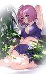  1girl ahoge arm_behind_head arm_up armpits bangs bare_arms bare_legs bare_shoulders breasts cleavage collarbone commentary eyes_visible_through_hair fate/grand_order fate_(series) glasses hair_over_one_eye highres large_breasts light_purple_hair looking_at_viewer mash_kyrielight navel plant purple_eyes short_hair sitting solo stomach symbol-only_commentary to_gemichi wariza 