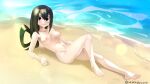  1girl :&gt; arikindows10 arm_support artist_name asui_tsuyu bangs barefoot beach boku_no_hero_academia bow_by_hair breasts closed_mouth completely_nude dark_green_hair day feet frog_girl hair_between_eyes hair_rings highres knee_up long_hair looking_at_viewer low-tied_long_hair lying medium_breasts navel nipples nude ocean on_back outdoors shiny shiny_hair solo water 