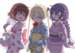  3girls alternate_hairstyle blonde_hair blue_kimono bottle bow bracelet braid braided_ponytail brown_hair candy_apple closed_eyes floral_print folded_fan folding_fan food friends glowstick goshiki_agiri hair_bow hand_fan highres holding holding_bottle holding_fan japanese_clothes jewelry kill_me_baby killmint kimono laughing long_hair multiple_girls one_eye_closed oribe_yasuna print_kimono purple_eyes purple_hair purple_kimono seigaiha shaved_ice short_hair simple_background sonya_(kill_me_baby) standing sunflower_print twintails water_yoyo white_background white_kimono yukata 