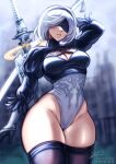  1girl 2b_(nier:automata) black_blindfold black_dress black_hairband black_thighhighs blindfold breasts clothing_cutout dated_commentary dress gloves hairband highres iahfy juliet_sleeves leotard long_sleeves mole mole_under_mouth nier:automata nier_(series) puffy_sleeves short_hair solo thick_thighs thighhighs thighs weapon weapon_on_back white_hair 
