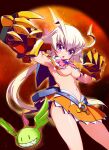  1girl :o amanohara_minori antenna_hair arcana_heart arcana_heart_3 belt blonde_hair blue_belt bow breasts brooch capelet cowboy_shot creature gauntlets grin jewelry long_hair looking_at_viewer manohiro_yuki medium_breasts navel open_mouth orange_background orange_skirt pink_bow purple_eyes revealing_clothes sharp_teeth shiny shiny_skin skirt smile solo teeth underboob v-shaped_eyebrows white_capelet 