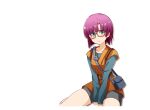  1girl bag belt bike_shorts blue_eyes blush breasts chrono_trigger closed_mouth collarbone commentary glasses looking_at_viewer lucca_ashtear pattsun_bob purple_hair short_hair shoulder_bag simple_background solo white_background 