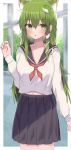  1girl absurdres alternate_costume animal_ears aohane black_sailor_collar black_skirt blush cat_ears collarbone commentary_request cowboy_shot eyebrows_visible_through_hair frog_hair_ornament green_eyes green_hair hair_between_eyes hair_ornament highres kochiya_sanae long_hair long_sleeves neckerchief parted_lips pleated_skirt red_neckerchief sailor_collar school_uniform serafuku skirt snake_hair_ornament solo touhou 