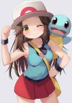  1girl absurdres bag between_breasts black_wristband blue_shirt blush breasts brown_hair closed_mouth collarbone eyelashes hair_flaps hand_on_hip hat highres ikazu401 leaf_(pokemon) long_hair messenger_bag one_eye_closed pleated_skirt pokemon pokemon_(creature) pokemon_(game) pokemon_frlg red_skirt shirt shoulder_bag skirt sleeveless sleeveless_shirt smile squirtle strap_between_breasts vs_seeker white_headwear wristband yellow_bag yellow_eyes 