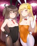  2girls :q animal_ears black_gloves black_leotard blush bow bowtie breasts brown_hair brown_legwear cowboy_shot detached_collar elbow_gloves fake_animal_ears fake_tail gloves hair_ornament half-closed_eyes highres leotard looking_at_viewer multiple_girls necktie nipples orange_leotard pantyhose petite pink_eyes playboy_bunny rabbit_ears rabbit_tail red_bow red_neckwear short_necktie small_breasts smile standing strapless strapless_leotard tail tongue tongue_out topless two_side_up unizou viprpg white_gloves white_legwear wing_collar 