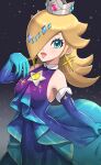  1girl absurdres blonde_hair blue_dress blue_eyes crown dress earrings elbow_gloves eyelashes gloves gonzarez hair_ornament hair_over_one_eye highres jewelry looking_at_viewer mario_(series) mario_kart mario_kart_tour multicolored_clothes multicolored_dress open_mouth purple_dress rosalina smile solo star_(symbol) star_earrings 