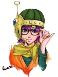  1girl artist_request blue_eyes chrono_trigger closed_mouth glasses helmet looking_at_viewer lucca_ashtear portrait purple_hair scarf short_hair simple_background smile solo white_background 