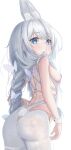  +_+ 1girl absurdres animal_ear_fluff animal_ears areola_slip areolae ass azur_lane bangs blue_eyes braid breasts butterfly_hair_ornament commentary eyebrows_visible_through_hair fake_animal_ears fake_tail from_behind hair_ornament highres le_malin_(azur_lane) le_malin_(listless_lapin)_(azur_lane) long_hair looking_at_viewer looking_back low_twin_braids nipple_slip nipples official_alternate_costume pantyhose playboy_bunny rabbit_ears rabbit_tail sideboob silver_hair simple_background small_breasts solo tail thigh_strap twin_braids up_(osk50217) very_long_hair white_background white_legwear wrist_cuffs 