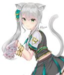  1girl animal_ear_fluff animal_ears animal_hands bangs black_skirt black_vest bracelet cat_ears cat_paws cat_tail closed_mouth collared_shirt eyebrows_visible_through_hair gloves green_eyes hair_between_eyes hair_ornament highres hizuki_miu jewelry long_hair looking_at_viewer multicolored_clothes multicolored_skirt necktie paw_gloves paw_pose romaneiyou shirt side_ponytail signature simple_background skirt smile solo tail triangle_print vest virtual_youtuber wactor_production white_background white_hair white_shirt wing_collar 