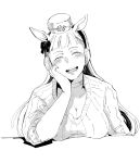  1girl :d animal_ears bangs blunt_bangs blush breasts casual choker cleavage closed_eyes commentary_request ear_covers ear_ribbon facing_viewer gold_ship_(umamusume) greyscale hand_on_own_cheek hand_on_own_face head_rest head_tilt horse_ears horse_girl leaning_on_table long_hair monochrome official_alternate_costume open_mouth pillbox_hat ribbed_sweater simple_background sleeves_rolled_up smile solo sweater umamusume upper_body uzaki_(jiro) 