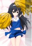  1girl artist_name bangs black_hair blue_shorts blue_skirt brown_eyes character_name cheerleader clothes_lift commentary_request copyright_name cowboy_shot girls_und_panzer hairband highres holding holding_pom_poms inaba_shiki long_hair looking_at_viewer lying pleated_skirt pom_pom_(cheerleading) reizei_mako shirt shorts shorts_under_skirt skirt skirt_lift sleeveless sleeveless_shirt solo white_hairband 