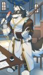 4_toes 5_fingers anthro bandage bandaged_arm black_body black_fur book canid canine canis eyebrows feet fingers fountain_pen fur green_eyes hair kuulongarl long_hair male mammal multicolored_body multicolored_fur solo solo_focus toes white_body white_fur wolf