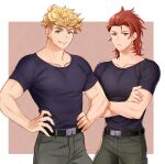  2boys belt black_belt black_shirt blonde_hair closed_mouth crossed_arms granblue_fantasy green_eyes green_pants hands_on_hips looking_at_viewer male_focus medium_hair multiple_boys pants percival_(granblue_fantasy) red_eyes red_hair satoimo_sanda shirt short_hair simple_background smile undercut vane_(granblue_fantasy) 