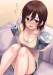  1girl absurdres alcohol bangs beer beer_can black_shorts blush breasts brown_hair can cleavage commentary_request couch downblouse from_above full-face_blush hair_between_eyes highres incoming_drink looking_at_viewer looking_up medium_breasts open_mouth original rama_(yu-light8) red_eyes shirt short_hair short_shorts short_sleeves shorts sitting solo t-shirt teeth translated upper_teeth yellow_shirt 