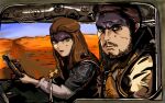  1boy 1girl absurdres bone car car_interior driving dust highres imperator_furiosa isbaude jacket leather leather_jacket long_hair looking_at_viewer looking_to_the_side mad_max motor_vehicle non-web_source road skull two_side_up vehicle_focus wheel 