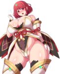  1girl alternate_costume bangs breasts cosplay detached_sleeves highleg highleg_leotard highres large_breasts leotard nia_(blade)_(xenoblade) nia_(blade)_(xenoblade)_(cosplay) nia_(xenoblade) ponponmaru pyra_(xenoblade) red_eyes red_hair short_hair swept_bangs thighhighs xenoblade_chronicles_(series) xenoblade_chronicles_2 